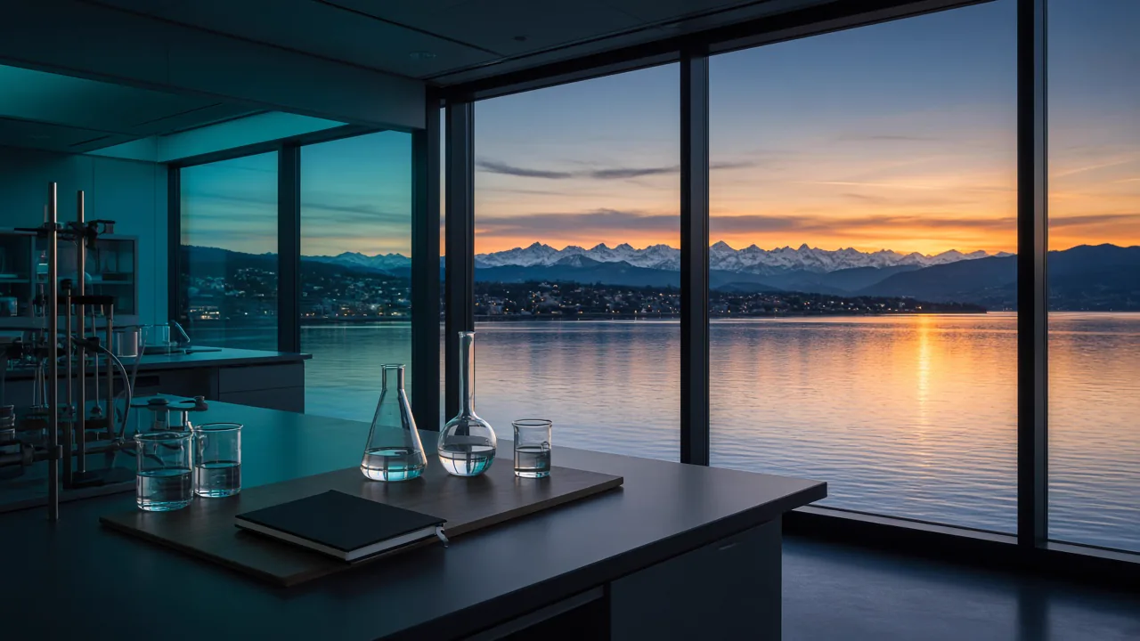 Glass flasks on a laboratory bench at dusk, looking out over a lake toward snowy Alps.
