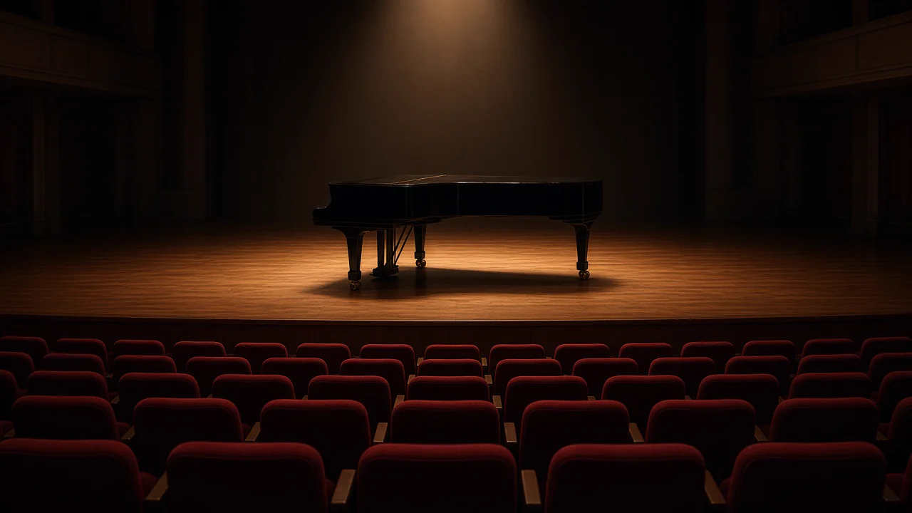 A black grand piano stands alone in a warm spotlight on an empty wooden stage, facing rows of unoccupied red velvet seats.