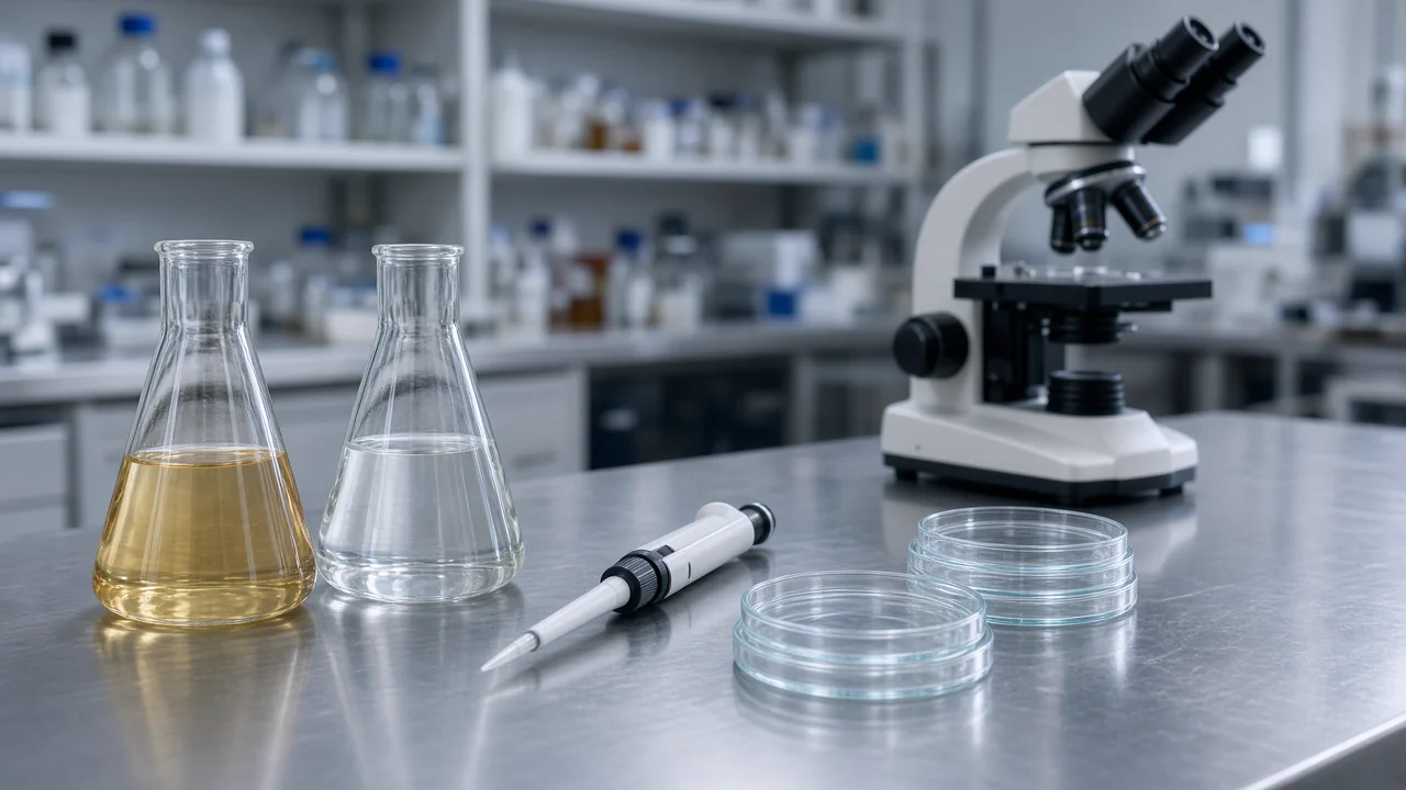 Two glass flasks, one with amber liquid and one with clear liquid, a micropipette, stacked petri dishes, and a compound microscope sit on a stainless laboratory bench.