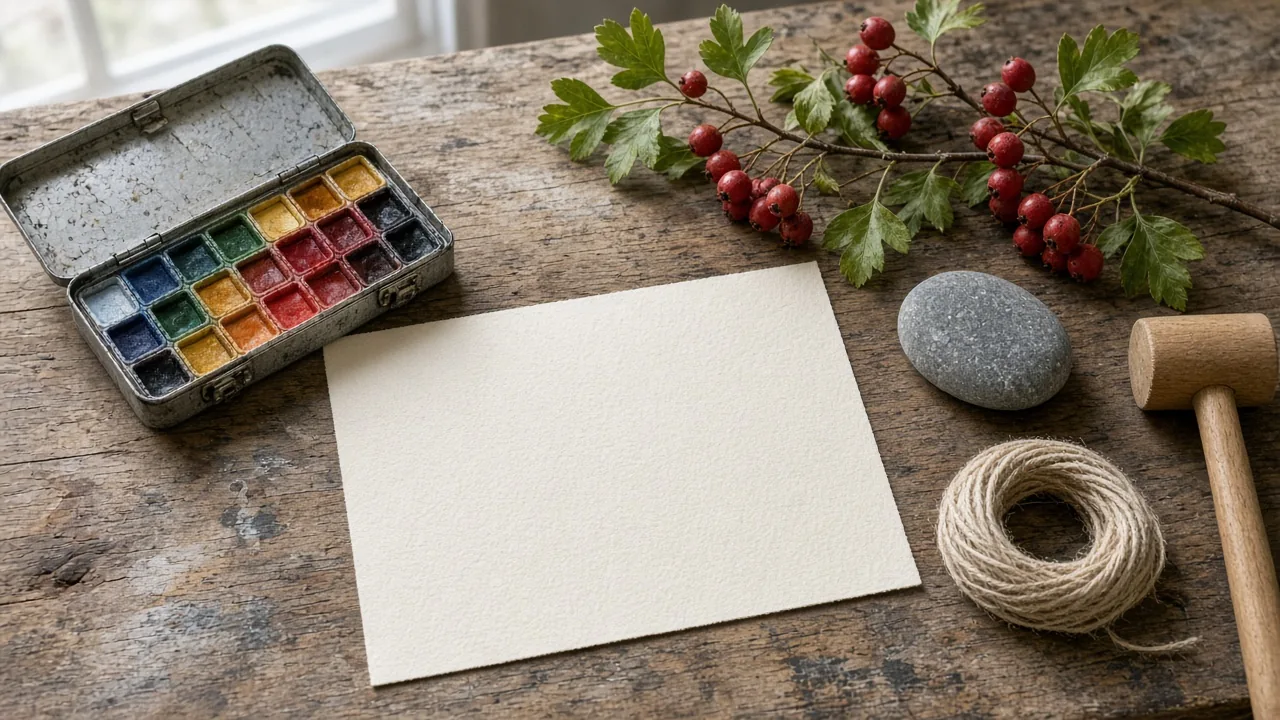 An open tin of watercolor pans, a blank sheet of cream paper, a hawthorn branch with red berries, a grey river stone, a coil of linen twine, and a wooden mallet lie on a worn workbench in cool daylight.