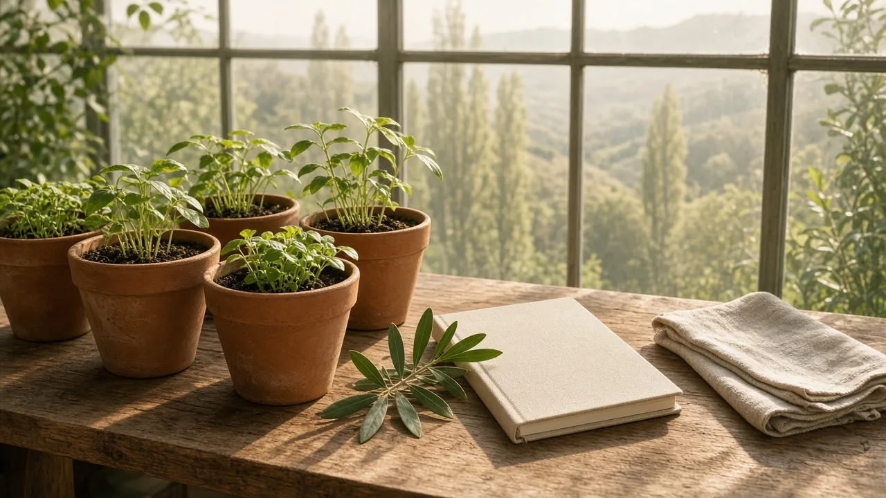 Terracotta pots of young green seedlings and an olive sprig share a wooden greenhouse table with a blank linen notebook and a folded cloth, with poplars and hills beyond the glass.