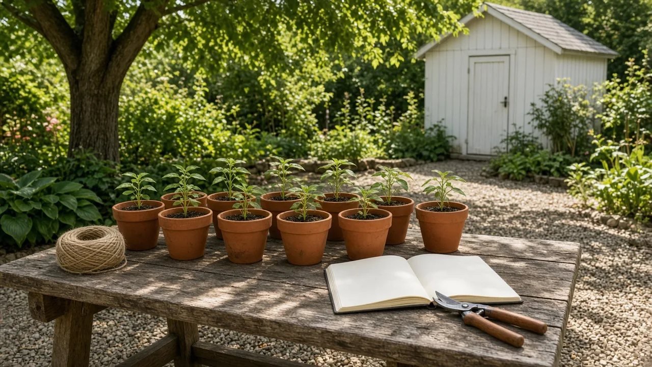 Terracotta pots of young seedlings, a coil of twine, an open blank notebook, and pruning shears rest on a weathered wooden table in a gravel garden, with a white shed and a large tree behind them.