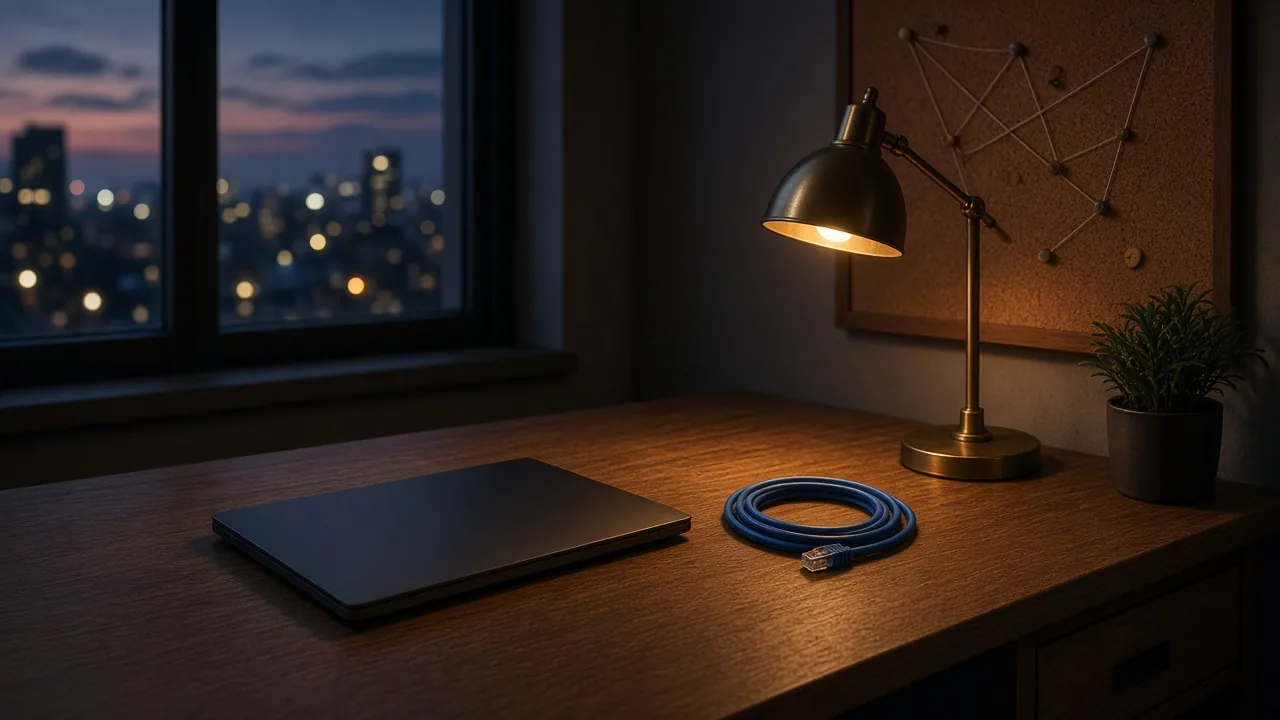 Un ordinateur portable fermé et un câble Ethernet bleu enroulé reposent sur un bureau en bois sous une lampe en laiton, près d'un panneau de liège aux punaises vierges reliées par du fil, avec les lumières de la ville derrière la fenêtre au crépuscule.