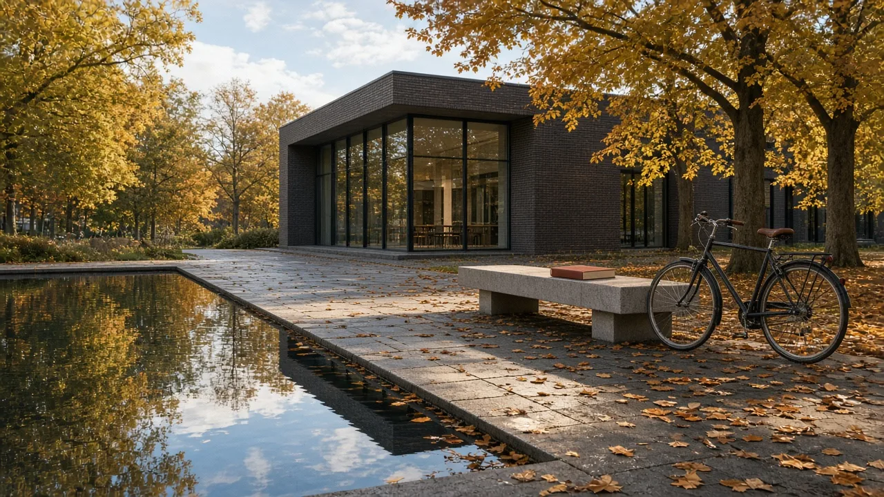 A dark-brick pavilion with tall glass bays stands among yellow beech trees beside a still pool, with an unmarked rust-red book on a stone bench and an empty bicycle beside it.