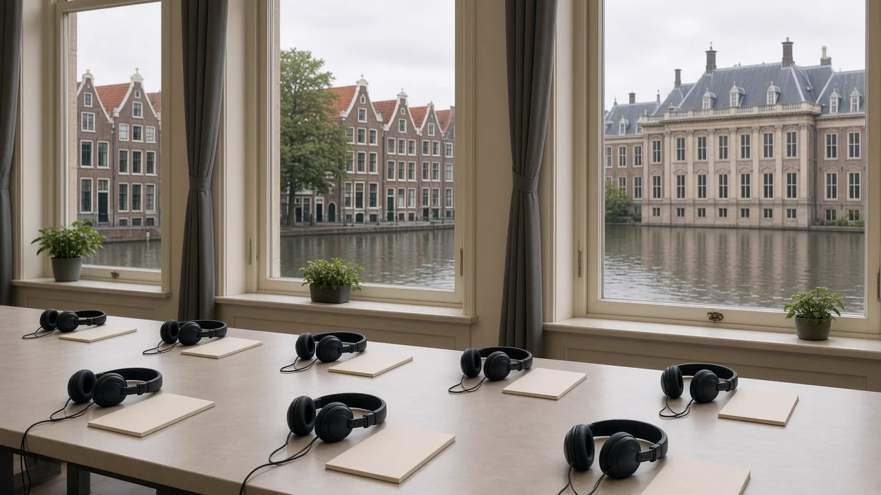 Black interpretation headsets and blank notepads line a long table before tall windows onto a canal, brick gables, and a pale stone civic building.